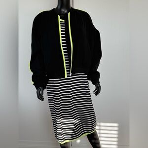 Michael Kors Black and Neon Green Striped Dress and Jacket Set